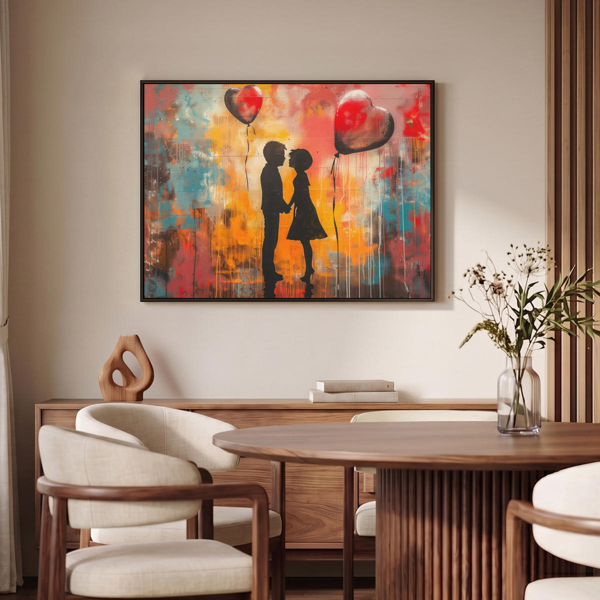 LEINWAND Bilder mit Rahmen - Straßenkunst - Liebe - Graffiti - Kunst - Banksy - 100x70 - Orange, Textil (100/70cm) - MuchoWow