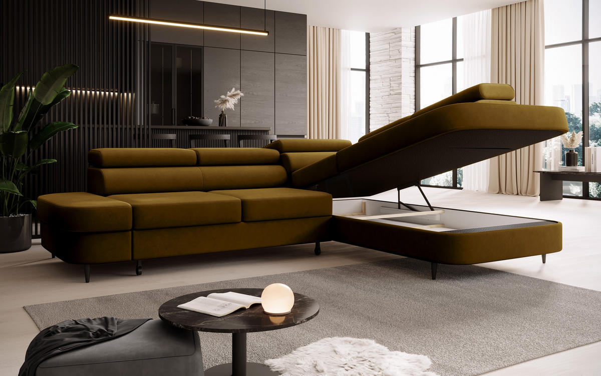 ECKSOFA Priam L-Form mit Schlaffunktion und Stauraum Modern Form Gold - Goldfarben, Holz/Textil (275/203cm) - Muffo