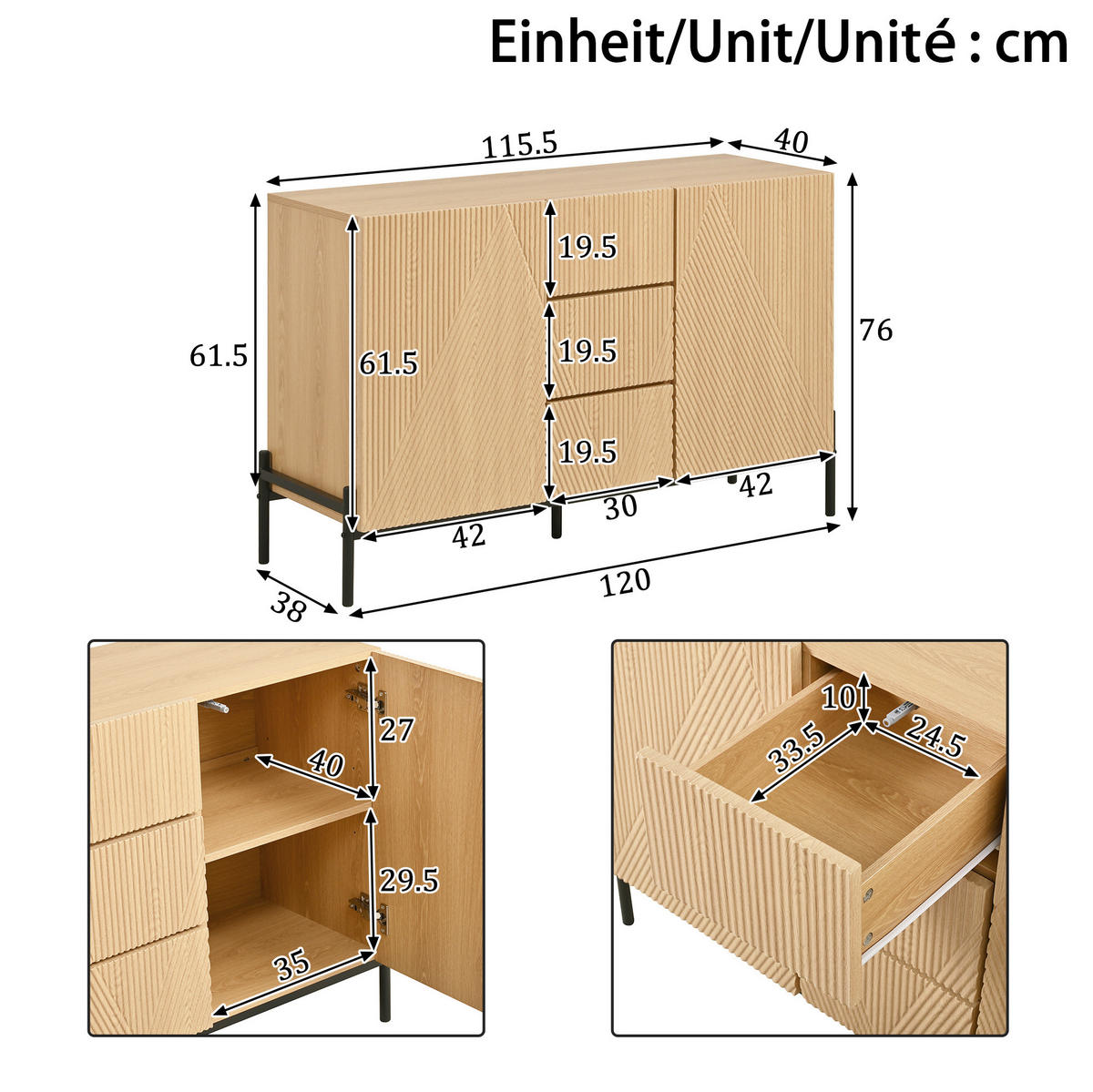SIDEBOARD 115,5/40/76 cm Natur aus MDF mit Türen und Schubladen - Naturfarben, Holzwerkstoff (115.5/76/40cm) - OKWISH