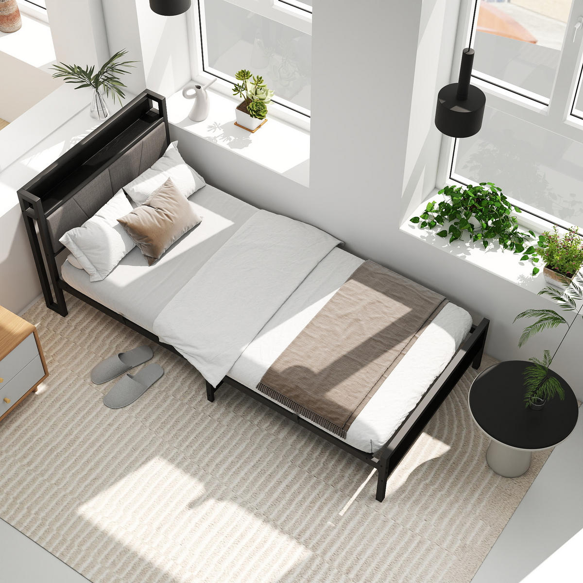 METALLBETT 140/200 cm Schwarz mit Stauraum-Kopfteil mit 2 USB-Ladeanschlüssen - Schwarz, Metall (140/200cm) - OKWISH