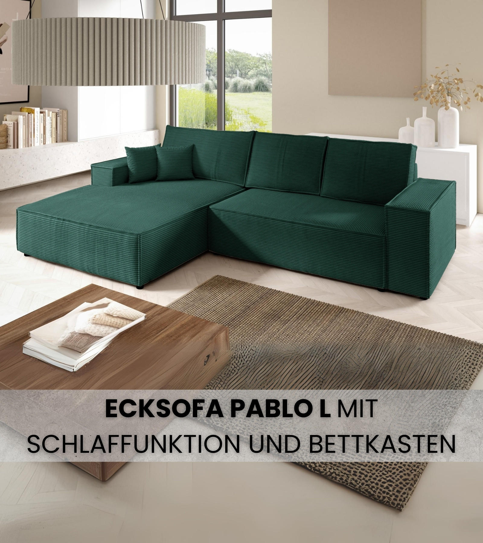 ECKSOFA Pablo mit Schlaffunktion Grün Cord - Grün, Textil (294/185cm) - Bromarkt