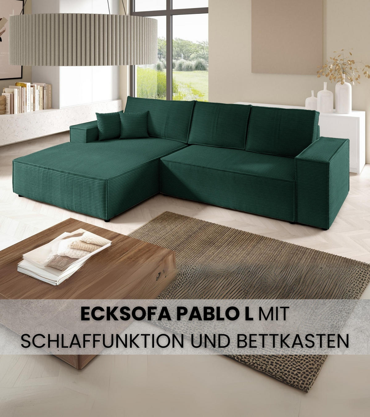 ECKSOFA Pablo mit Schlaffunktion Grün Cord - Grün, Textil (294/185cm) - Bromarkt