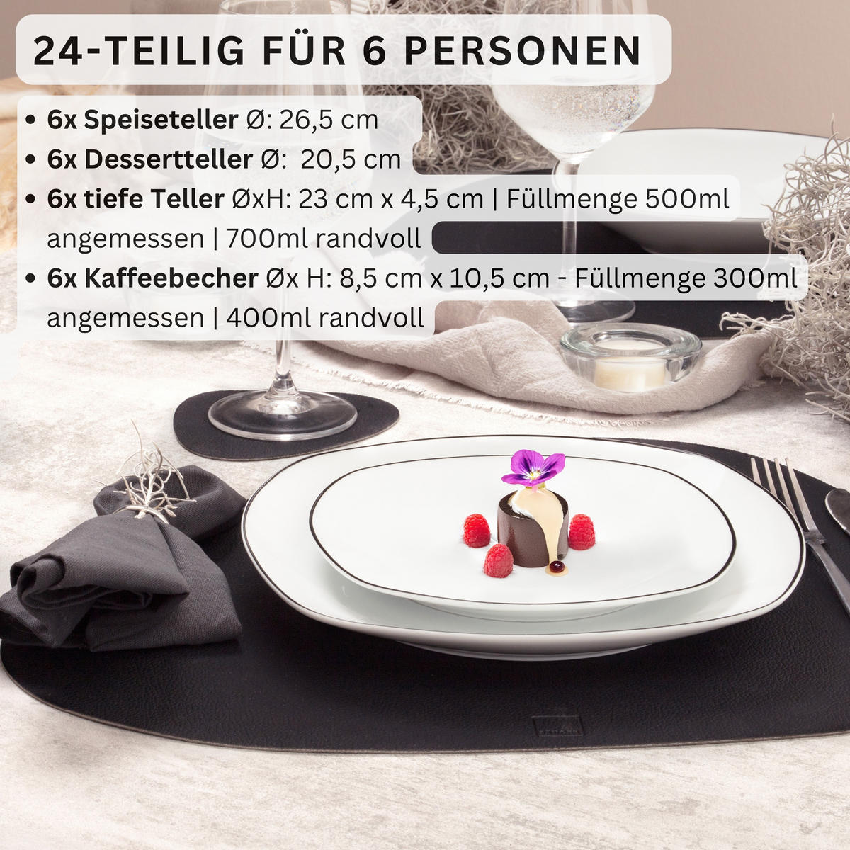 GESCHIRRSET,PORZELLAN Kombiservice Bilgola Black Rim 24 teilig für 6 Personen - Schwarz/Weiß, Keramik (50/30/80cm) - Sänger