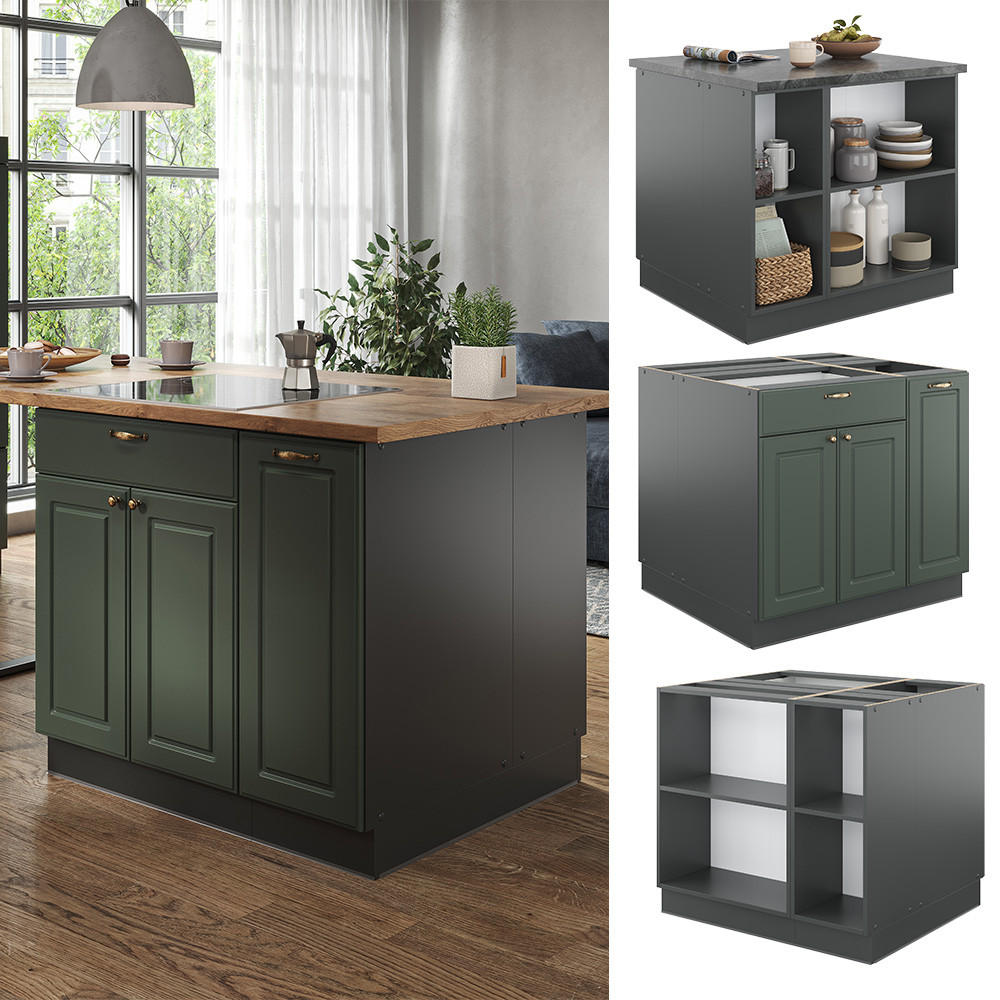 KÜCHENINSEL Fame-Line Grün-Gold Landhaus/Anthrazit 90 cm mit Schublade ohne AP - Anthrazit/Grün, Holzwerkstoff (90/82/60cm) - Vicco