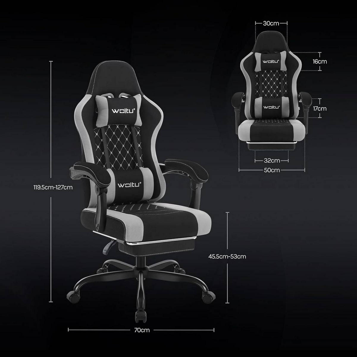 GAMINGSTUHL mit Massagefunktion, Netzstoff, Schwarz+Grau - Schwarz/Grau, Textil/Metall (70/127/70cm) - Woltu
