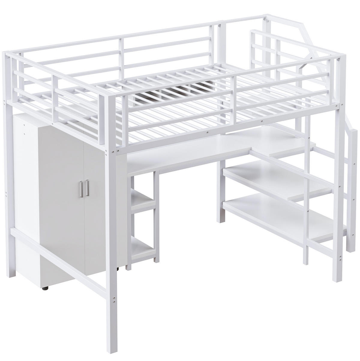 HOCHBETT 140/200 cm in Weiß – mit Schreibtisch, Kleiderschrank und Regalen - Weiß, Metall (140/200cm) - BEAOK
