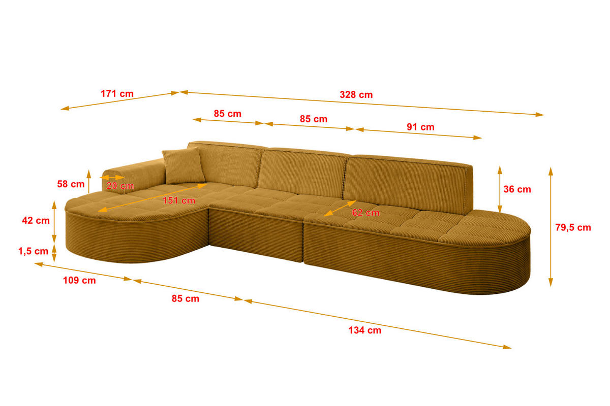 ECKSOFA Ottomane Links TARO-L2 - 328x171x79,5 cm Senfgelb - Currygelb/Gelb, Holzwerkstoff/Textil (328/171cm) - ALTDECOR