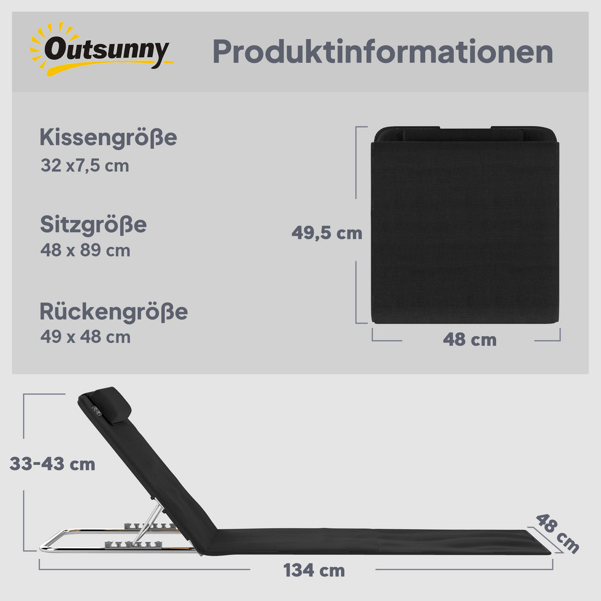HÖHENVERSTELLBARE STRANDLIEGE, 134 x 48 x 33-43 cm, Stahl, Schwarz - Schwarz, Kunststoff (48/43/134cm) - Outsunny