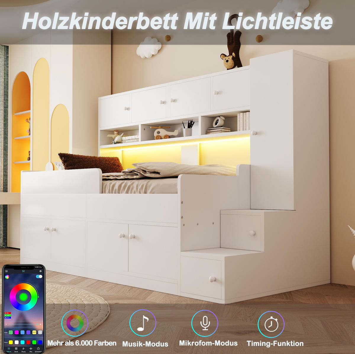 KINDERBETT 90/200 cm weiß aus Holz mit Stauraum, Schrank und LED - Weiß, Holzwerkstoff (90/200cm) - OKWISH