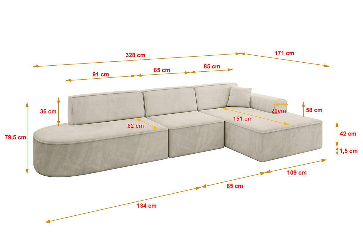 ECKSOFA Ottomane Rechts IREA-L2-v3 - 328x171x79 cm Dunkelgrau - Ecru, Holzwerkstoff/Textil (171/328cm) - ALTDECOR