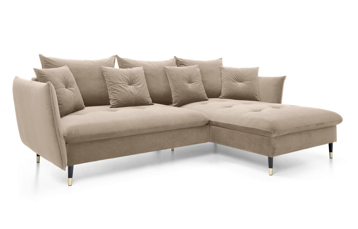 ECKSOFA GLAM mit Schlaffunktion, Ottomane & goldenen Füßen – Samtsofa im Glamour-Stil mit Zierkissen, 258x167x91 cm, rechte, beige​ - Beige, Holz/Textil (258/167cm) - DomoHome