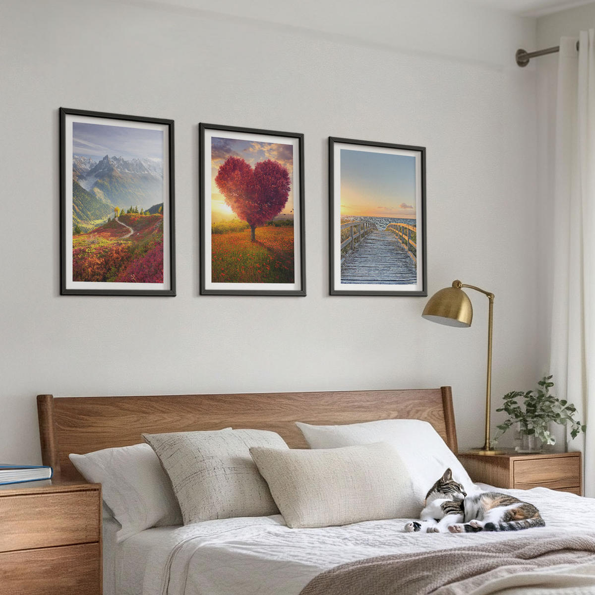BILDER SET 3er Set - 40x60 cm Schwarzer Rahmen - Landschaften Berge Baum Herz Pier - Schwarz, Kunststoff (40/60cm) - TULUP