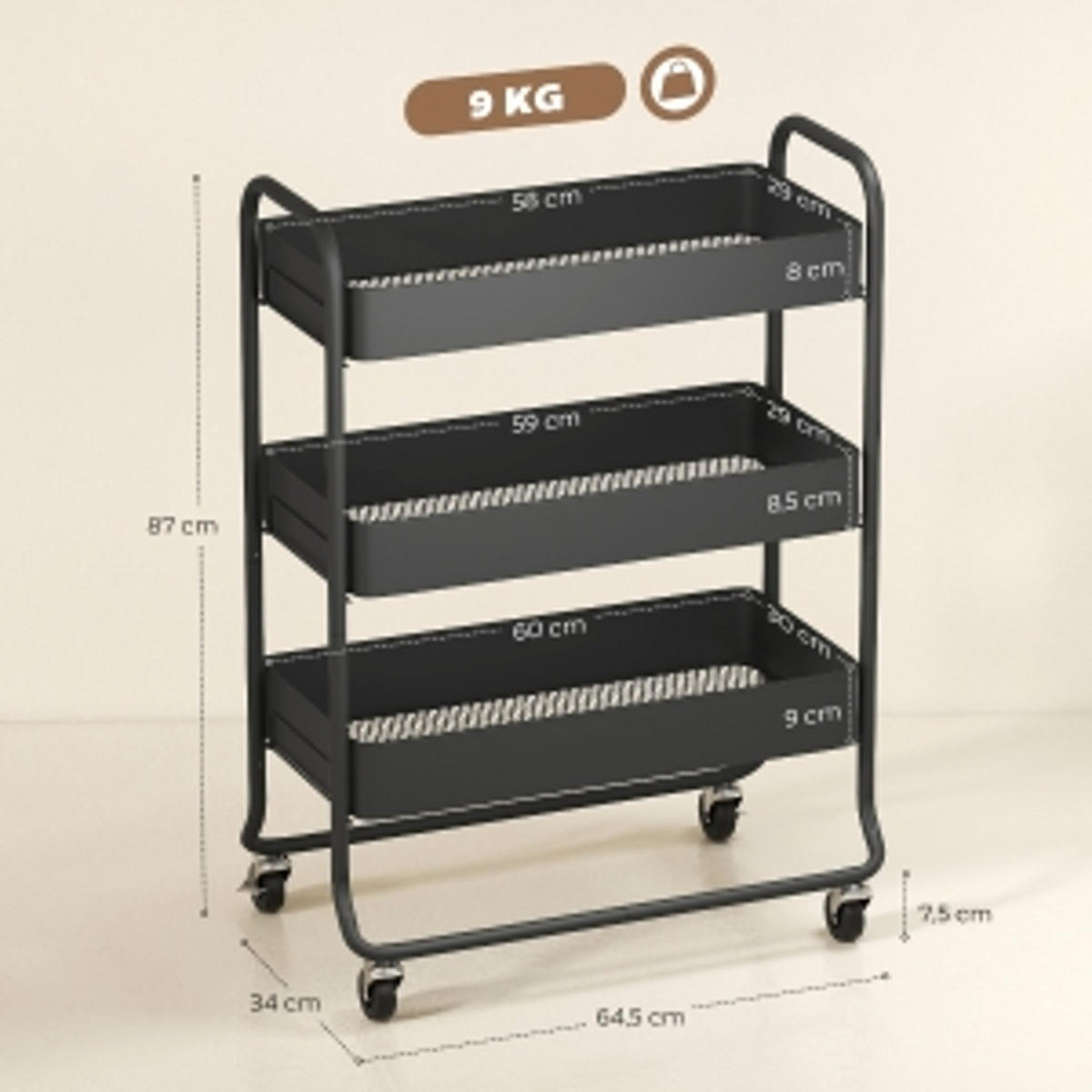 KÜCHENWAGEN Metall Schwarz, ROLLWAGEN MIT 3 KÖRBEN, Für Küche Und Wohnzimmer - Schwarz, Holzwerkstoff (34/87/64.5cm) - Rolipo