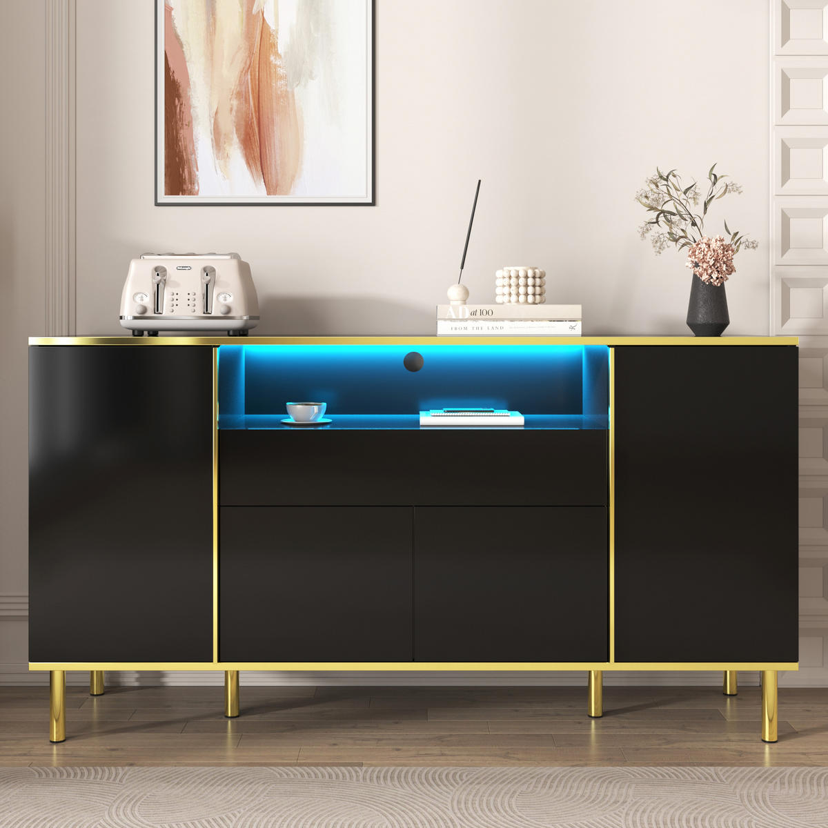 KUCHYŇSKÁ SKŘÍŇ černá, zásuvka, úložný prostor, do obývacího pokoje a ložnice, 150×40×80 cm - černá/zlatá, kov/kompozitní dřevo (150/80/40cm) - STILVORA
