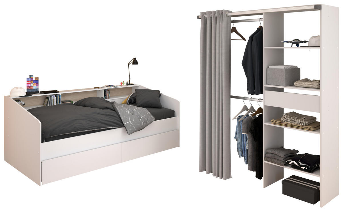 KINDERZIMMER-SET 2-teilig weiß, Jugendzimmer mit Stauraumbett - Weiß, Holzwerkstoff/Metall (203/182/113cm) - Parisot Meuble