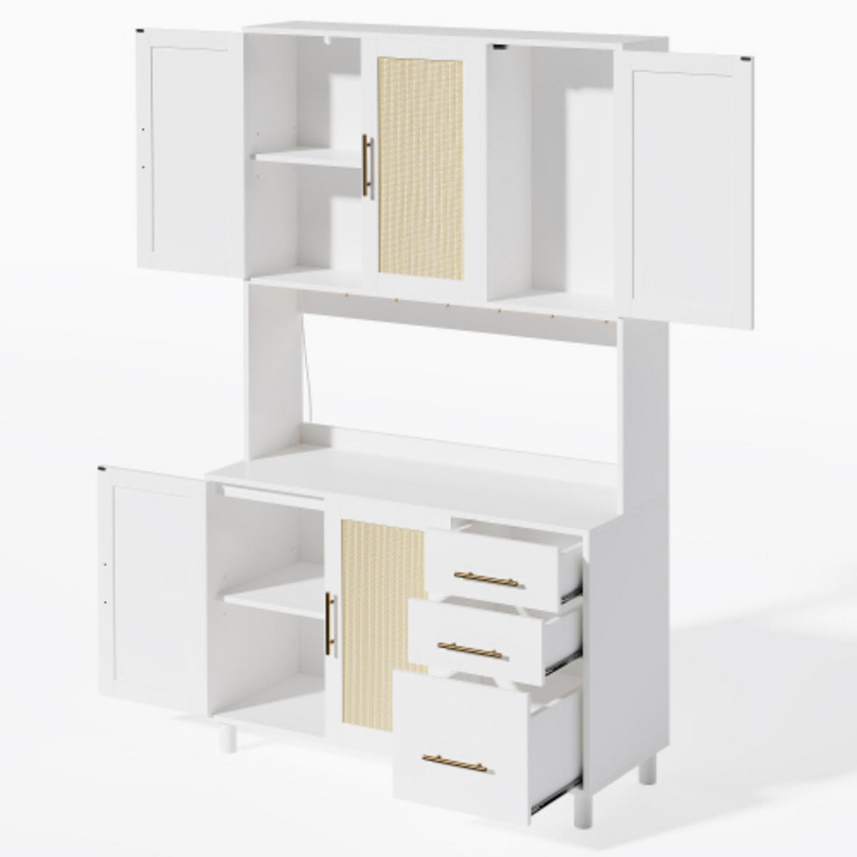 KÜCHENSCHRANK Weiß aus MDF mit Rattanfront, LED-Beleuchtung und integrierten Steckdosen 100×40×183 cm - Weiß, Holzwerkstoff (100/183/40cm) - Luhomfu