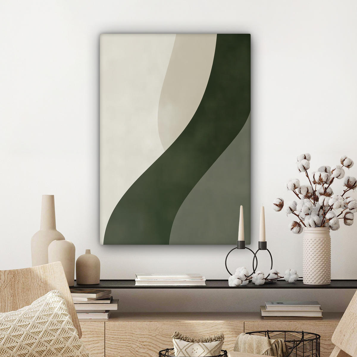 LEINWANDBILD Japandi - Grün - Abstrakt - Modern 60x80 cm - Salbeigrün, Textil (60/80cm) - MuchoWow