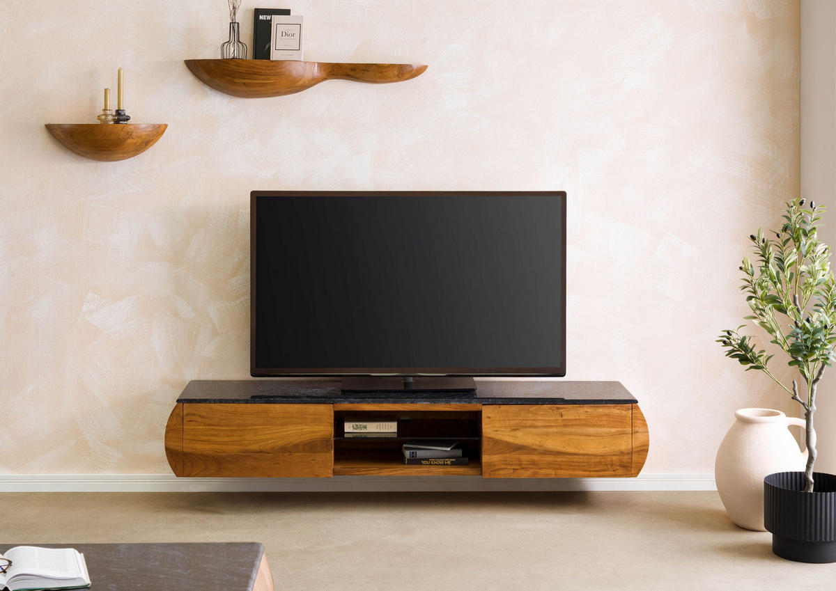 TV-BOARD Akazie 184x40x45 natur lackiert / Marmor schwarz MONTREAL #121 - Naturfarben, Holz (184/45/40cm) - Massivmoebel24