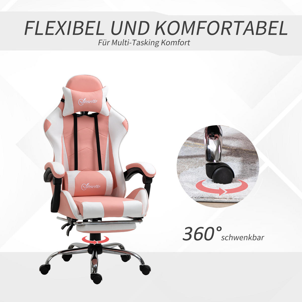 GAMINGSTUHL, Kunstleder, PVC, Rosa+Weiß - Multicolor, Kunststoff (67/127/64cm) - Vinsetto