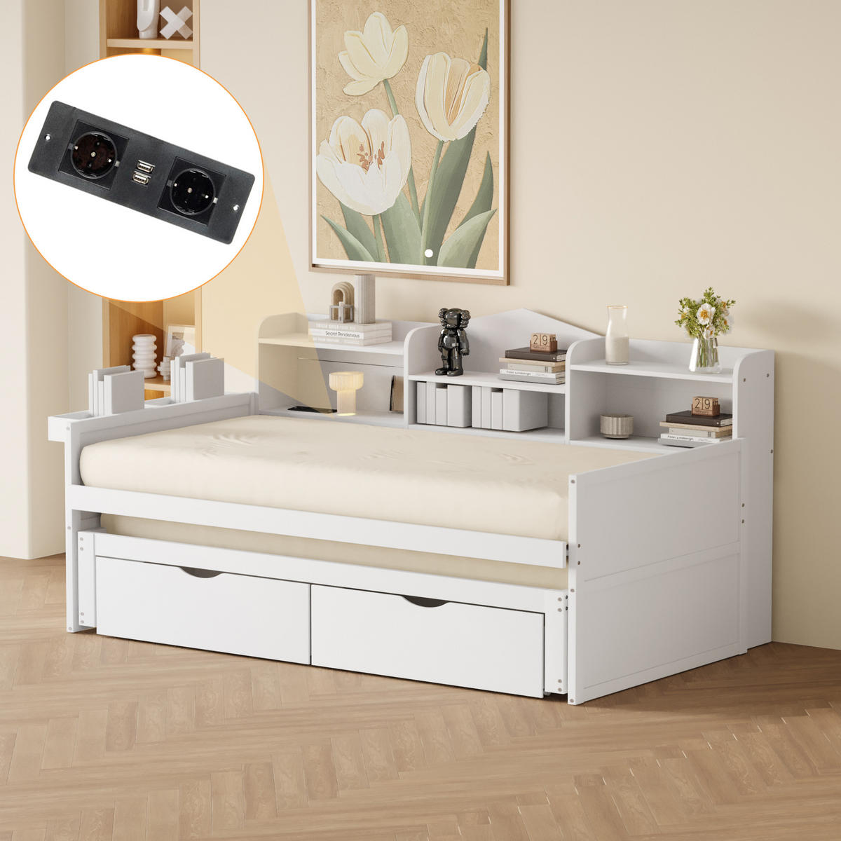 POLSTERBETT 90x200 Weiß Ausziehbar USB Schubladen - Weiß, Holz (90/200cm) - FLIEKS