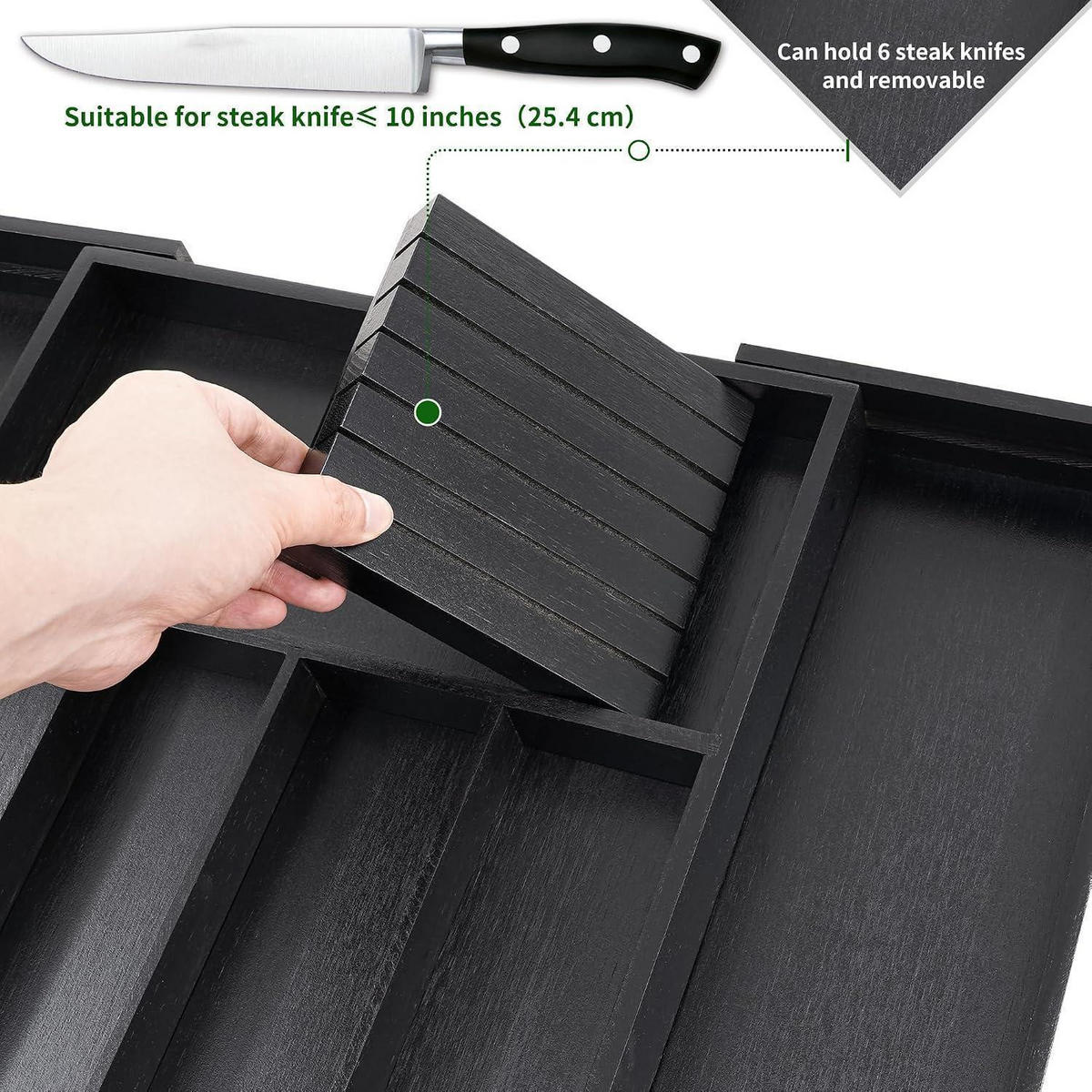 BESTECKEINSATZ erweiterbar 32-55 cm Schwarz - Schwarz, Holz (55/5/43cm)