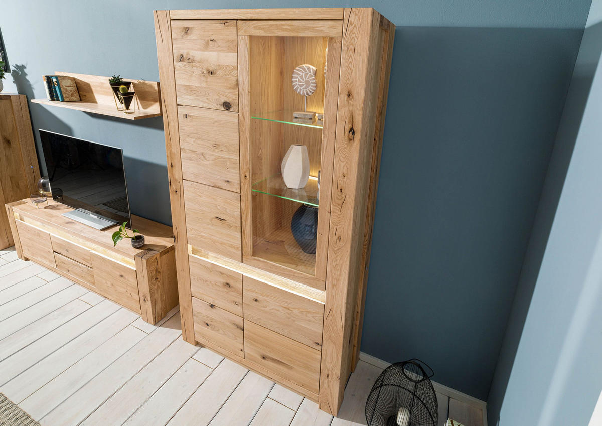 VITRINE Wildeiche 113x40x205 beige geölt KENT #202 - Beige, Holz (113/205/40cm) - Massivmoebel24