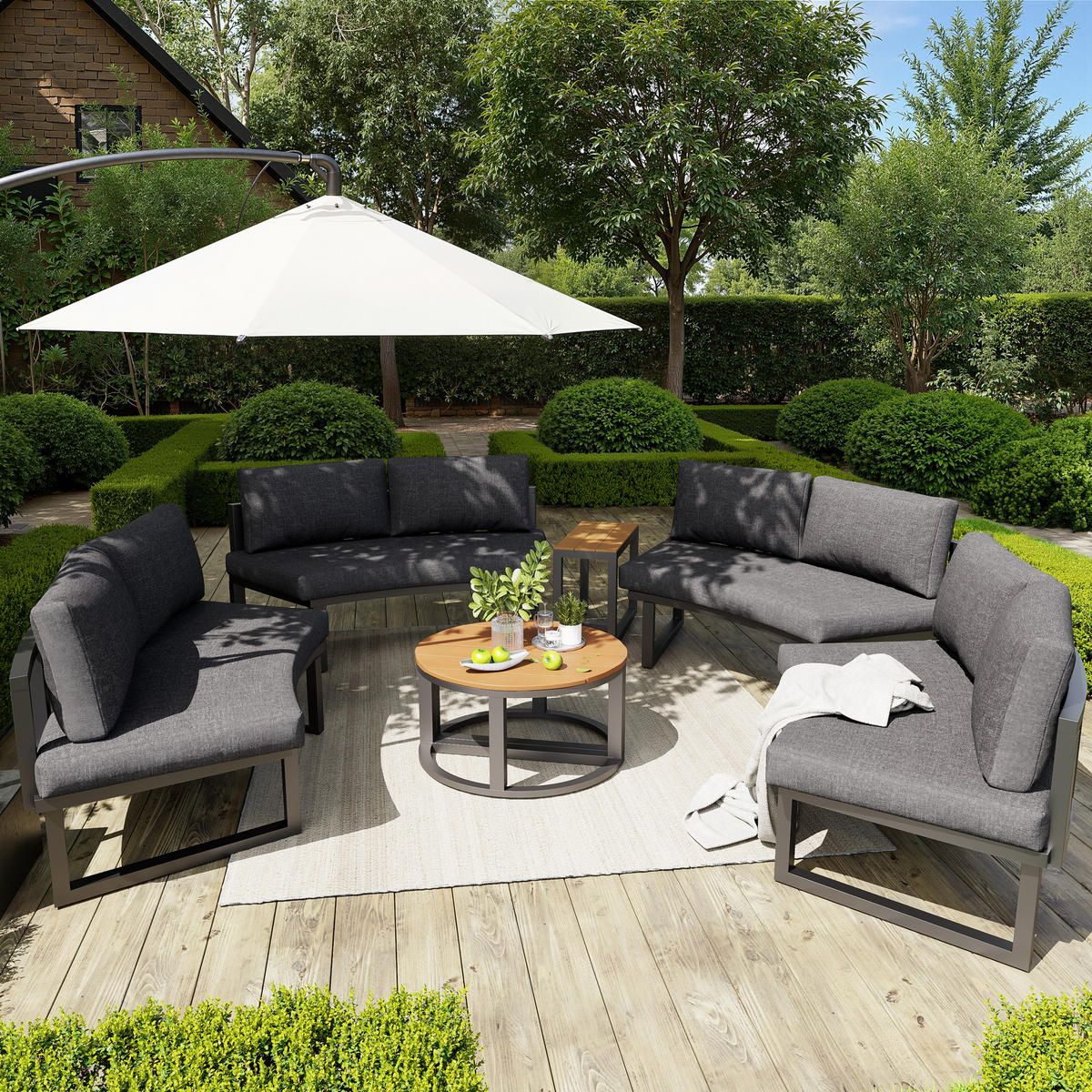 GARTENLOUNGE-SET Sitzgruppe für 4-6 Personen Gartensofa-Set mit Kissen verstellbar grau - Naturfarben/Grau, Holzwerkstoff/Textil - STILVORA