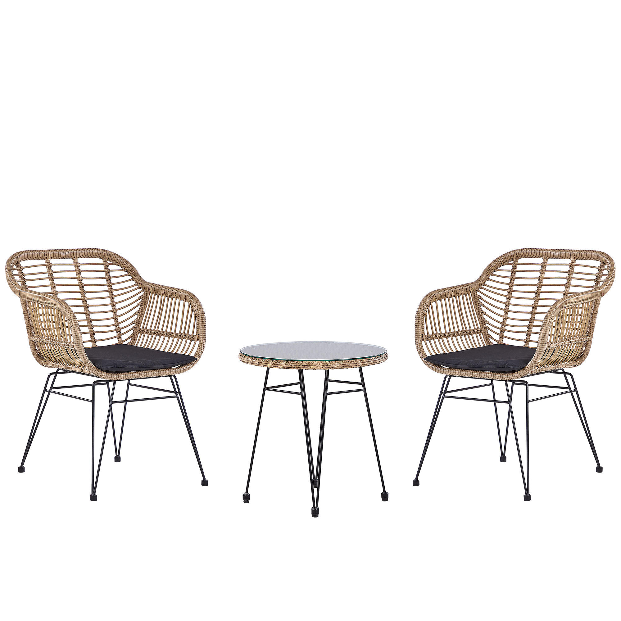 BALKONSET 2-Sitzer Rattan natürlich Auflagen schwarz Tropea II - Beige/Schwarz, Kunststoff - Beliani