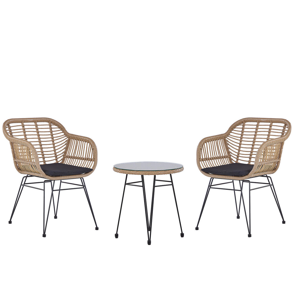 BALKONSET 2-Sitzer Rattan natürlich Auflagen schwarz Tropea II - Beige/Schwarz, Kunststoff - Beliani