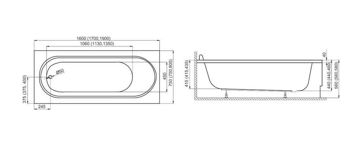 BADEWANNE Rechteck MEDIUM 160/75 mit Träger Ablauf Füße - Weiß, Kunststoff (75/56/160cm) - bad land