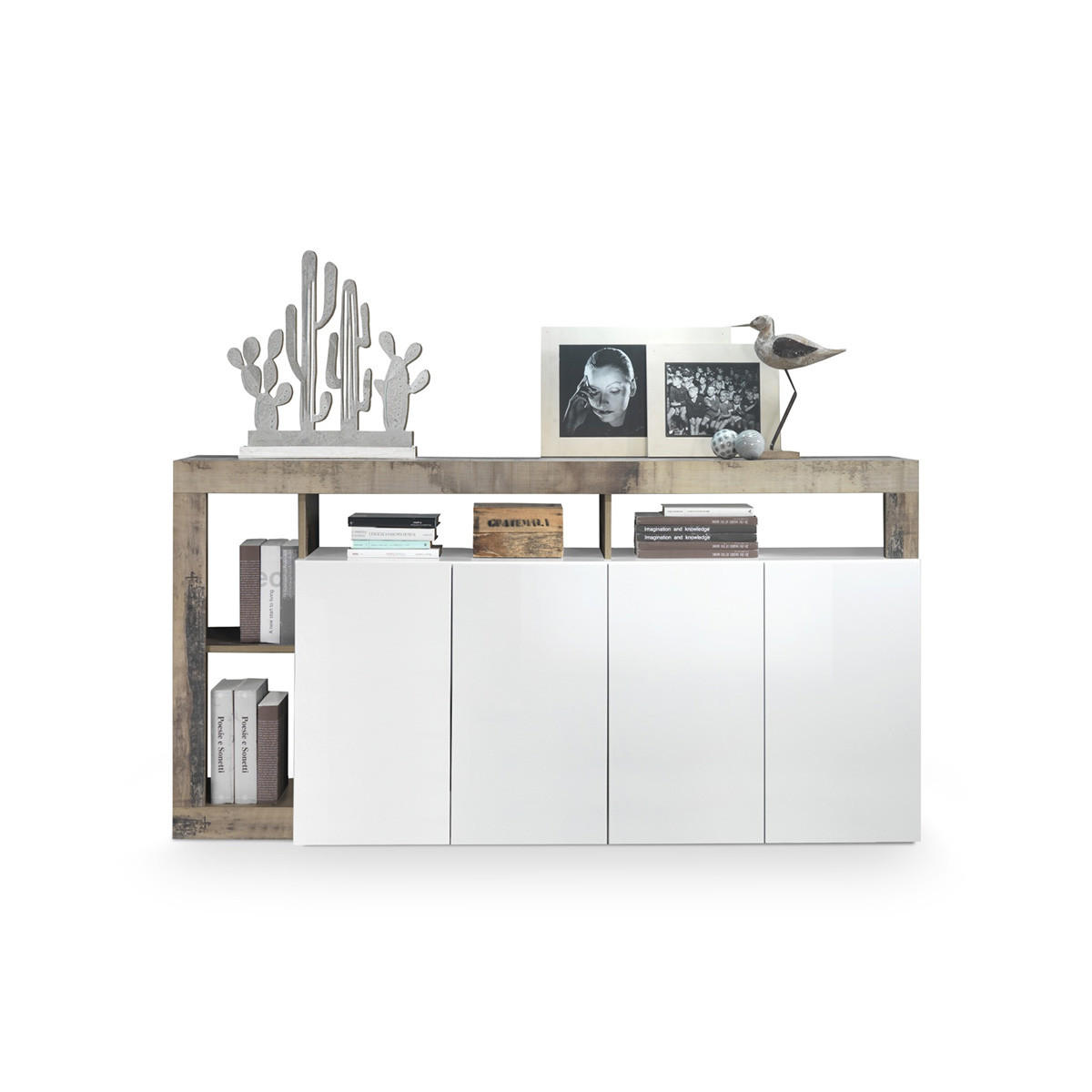 BUFFET 4 Türen Frankfurt - L184 cm - Eichefarben/Weiß, Holzwerkstoff (42/93/184cm) - Calicosy