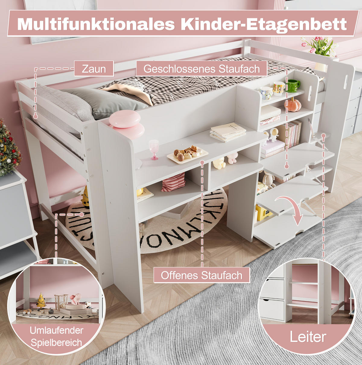 HOCHBETT 90/200 cm Weiß aus Kiefernholz mit Stauraum - Weiß, Holz (90/200cm) - OKMYHOME