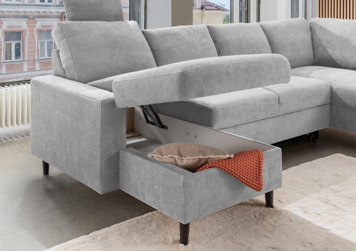 WOHNLANDSCHAFT mit Schlaffunktion und Bettkasten - Hellgrau/Schwarz, Kunststoff/Textil (200/88/305cm) - myHomelando