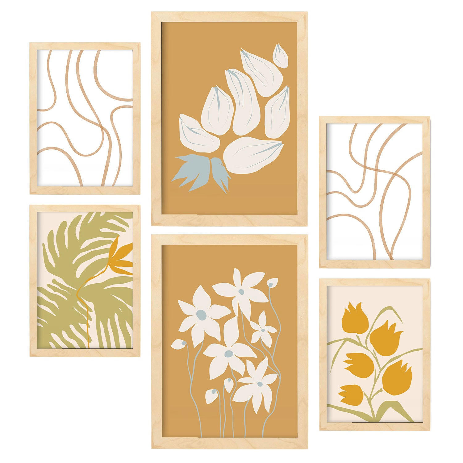 POSTER Set Mit 6 Flora Geht In Blume Zusammenfassung Ästhetische Dekorative Gemälde Für Ihr Wohnzimmer Zuhause A3 & A4 Rahmen Aus Hellem Holz - Beige, Papier (29/3cm) - Nacnic