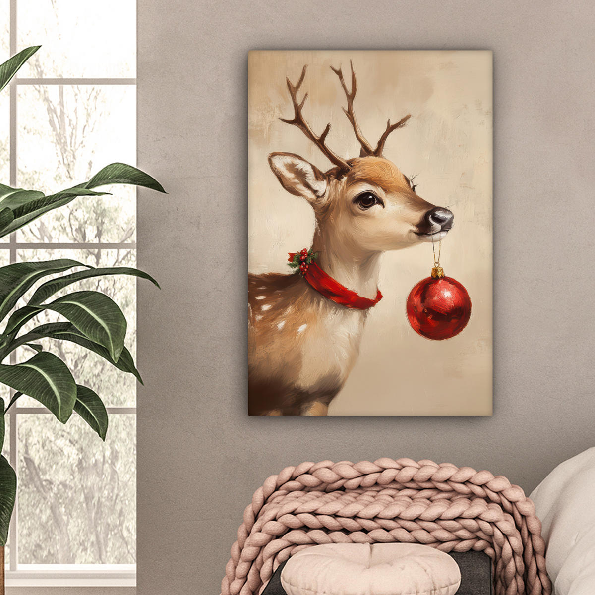 LEINWANDBILD Weihnachten - Hirsch - Geweih - Weihnachtskugel - Rentier 40x60 cm - Hellbraun, Textil (40/60cm) - MuchoWow