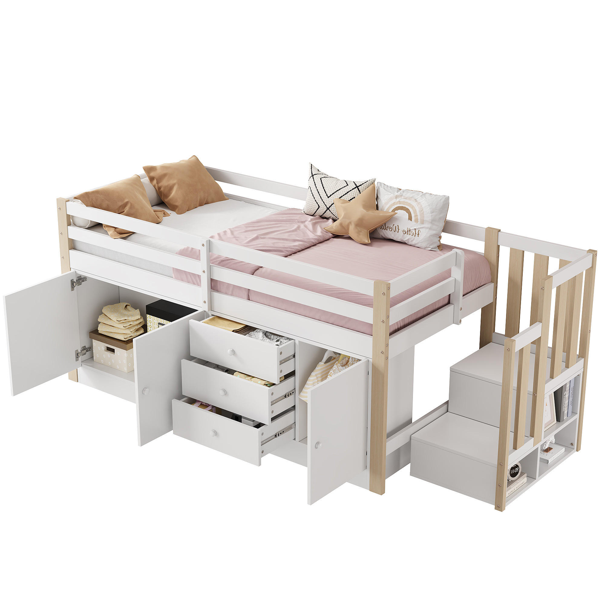 KINDEREINZELBETTEN aus MDF 90x200 cm in Weiß mit Treppe, Schubladen & 2 Schränken - Weiß, Holzwerkstoff (90/200cm) - Modfu