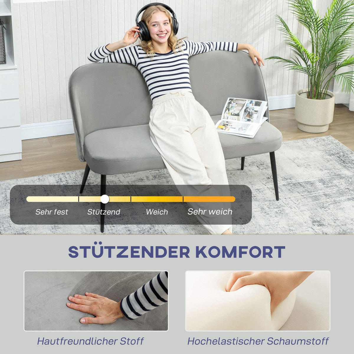 SOFA 2-Sitzer kleine Couch 127 cm mit Samtoptik, geschwungene Rückenlehne Grau - Schwarz/Grau, Textil/Metall (63/84.5/127cm) - HOMCOM