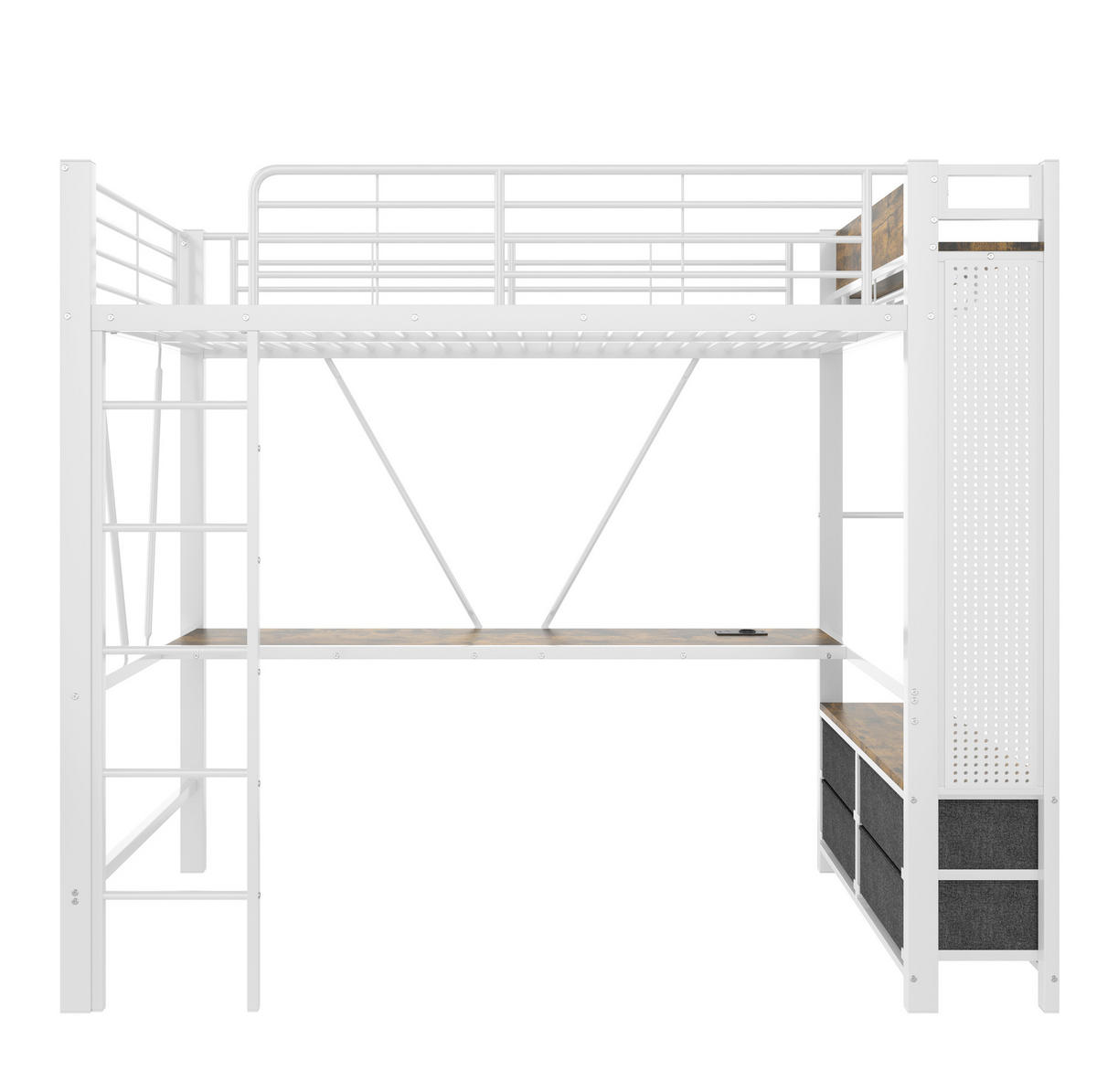 VISOKI krevet 90/200 cm s radnim stolom, USB i TYPE-C priključkom, LED rasvjetom i 4 ladice, Bijela - bijela, metal (90/200cm) - Redom
