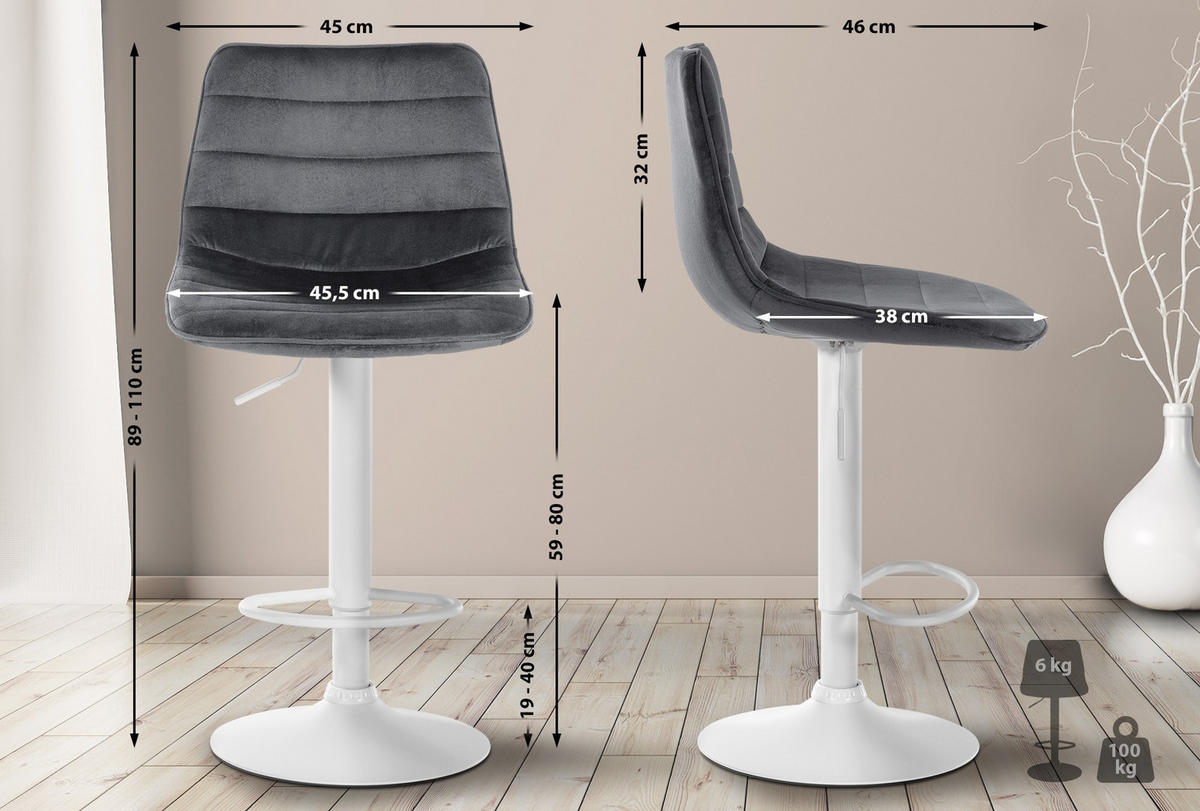 BARHOCKER Samt dunkelgrau - Dunkelgrau/Weiß, Textil/Metall (45/89/46cm) - CLP