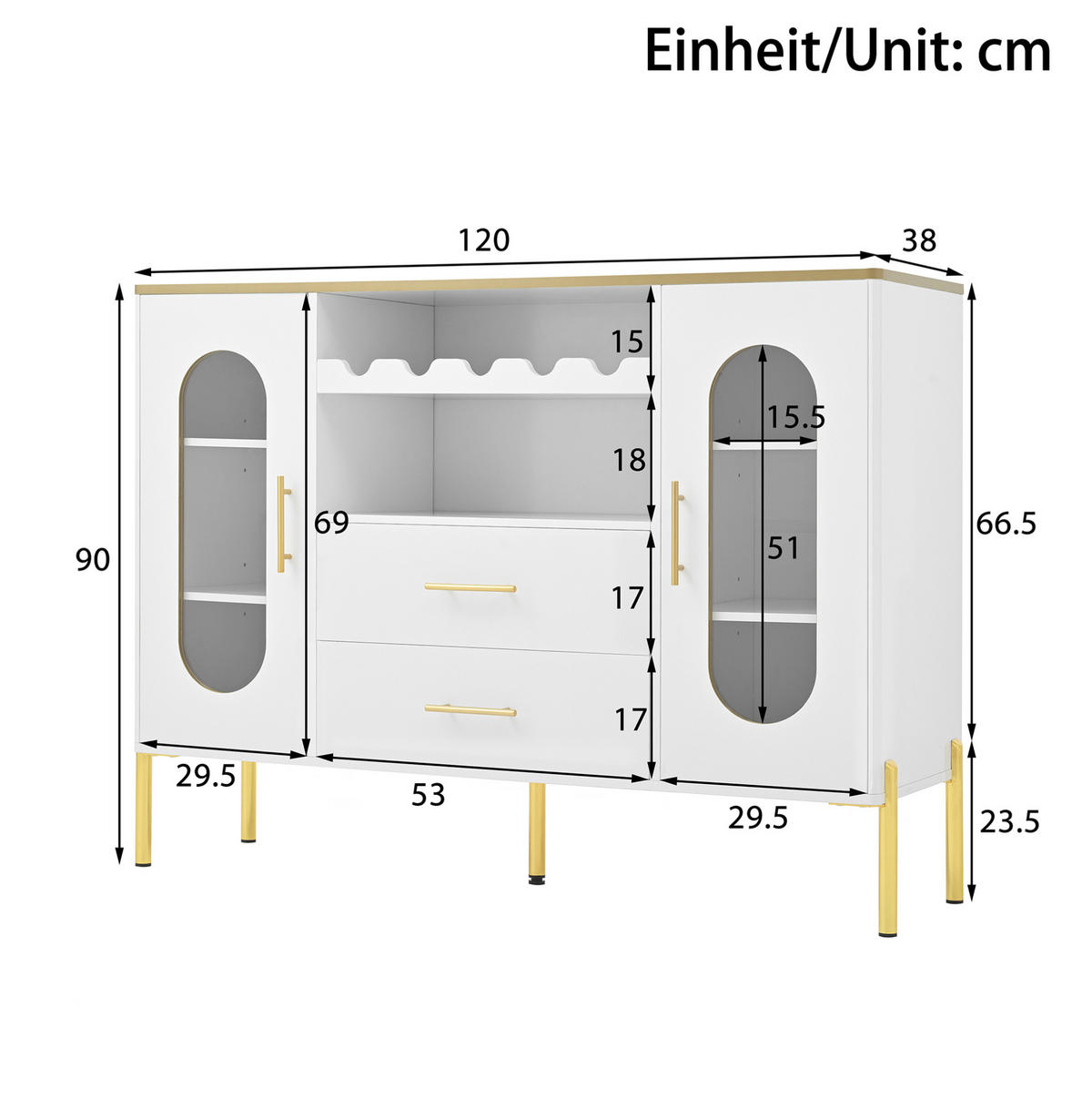 SIDEBOARD 120/38/90 cm Weiß aus MDF mit Glasfronten und Weinregal - Weiß, Holzwerkstoff (120/90/38cm) - OKWISH