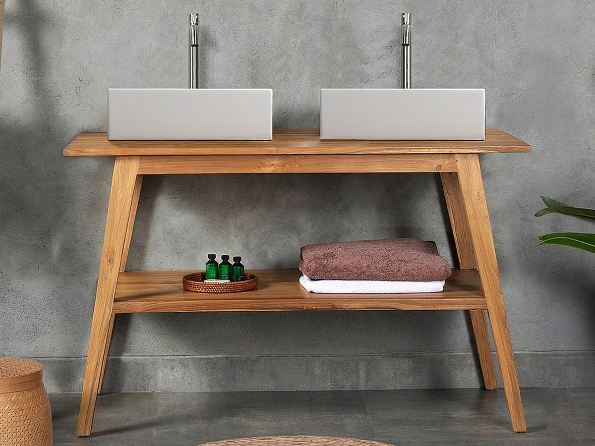 DOPPELWASCHTISCH - 120cm x 55cm - Teakholz - naturfarben hell - BOBOTSARI - Naturfarben, Keramik (120/76/55cm) - Vente-Unique