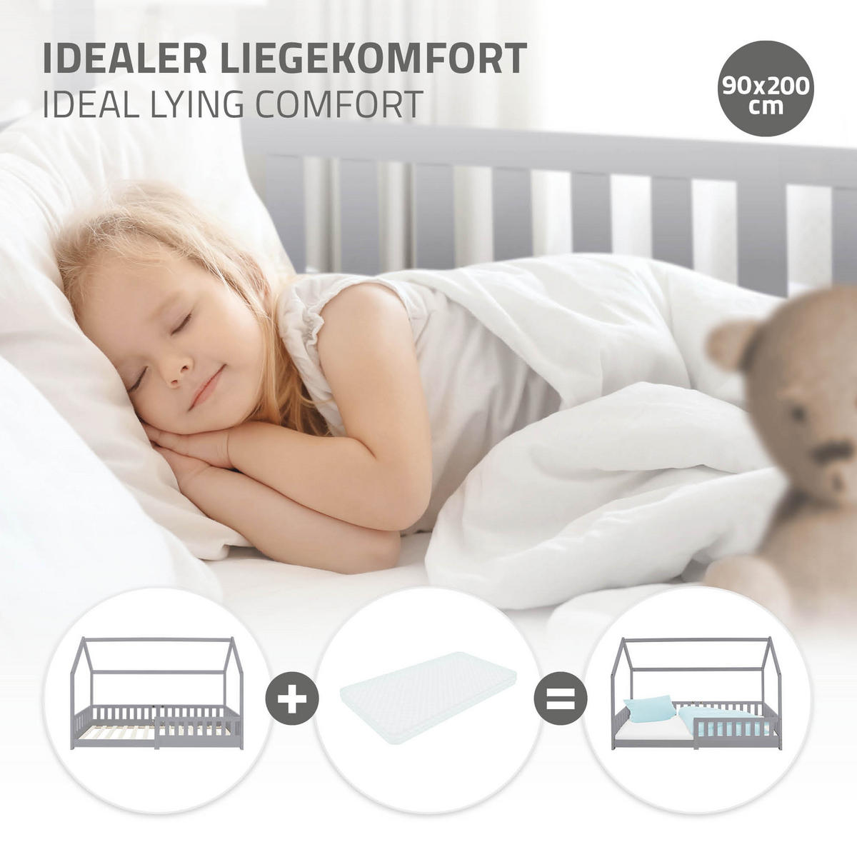 KINDERBETT mit Dach 90x200 cm Hellgrau - Hellgrau, Holz (90/200cm) - ML-DESIGN