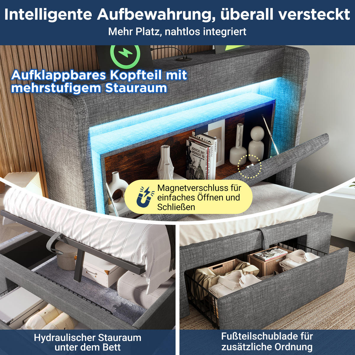 POLSTERBETT 90/200 cm mit LED-Beleuchtung, USB- und USB-C-Anschluss, Stauraum und Schublade und Matratze, Leinen, Grau - Grau, Textil (90/200cm) - Redom