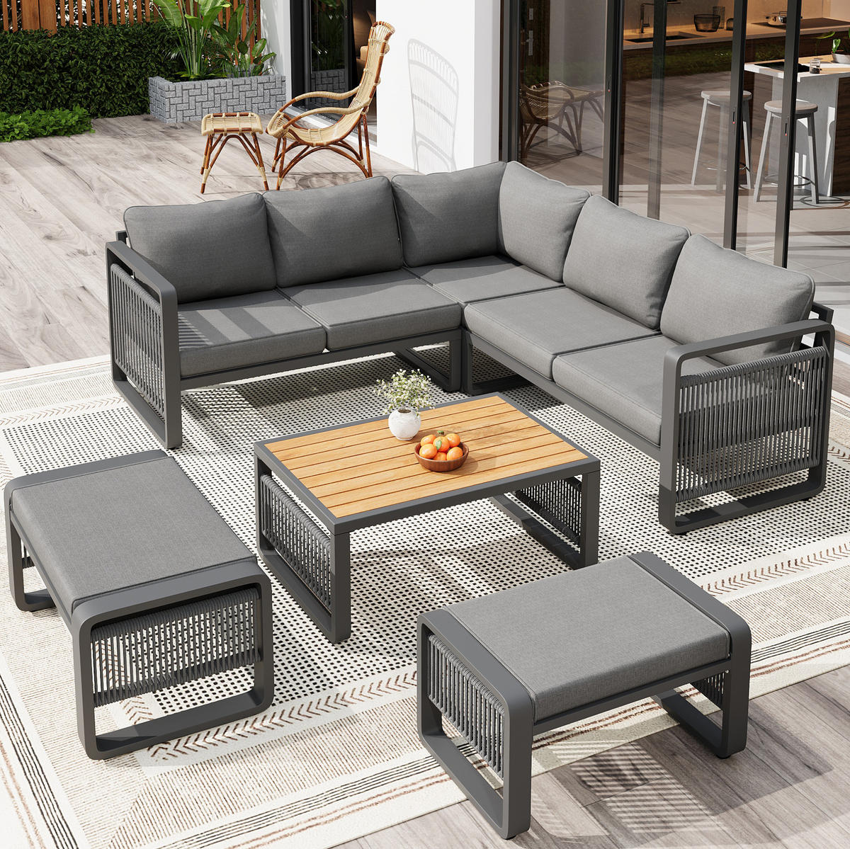 GARTENLOUNGE-SET 185/185/66,5 cm mit verstellbaren Füßen, Seilgeflecht und Polstern, Grau - Grau, Metall - Redom