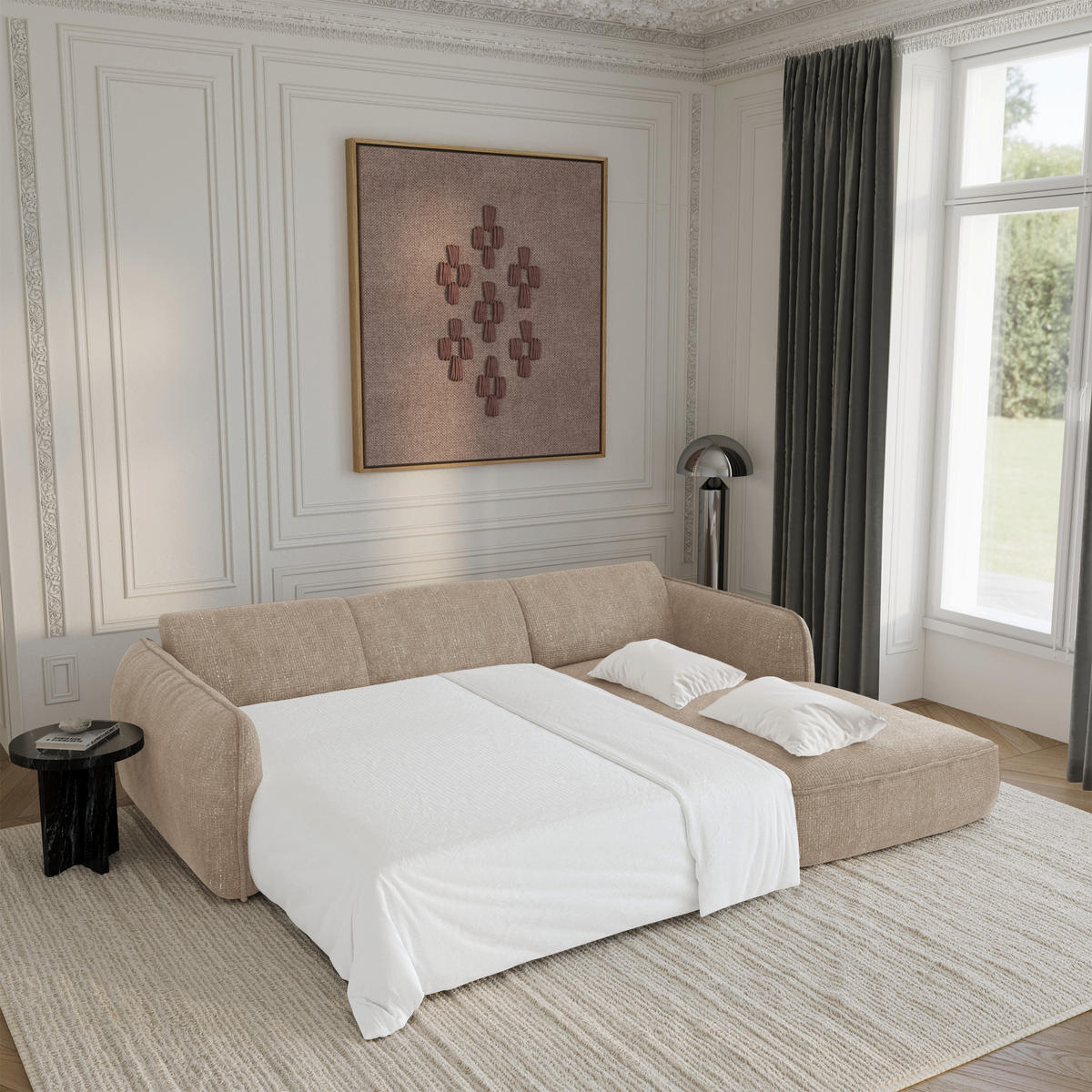 ECKSCHLAFSOFA Rastervelours 274cm - Beige, Textil (274/174cm) - Sia Home