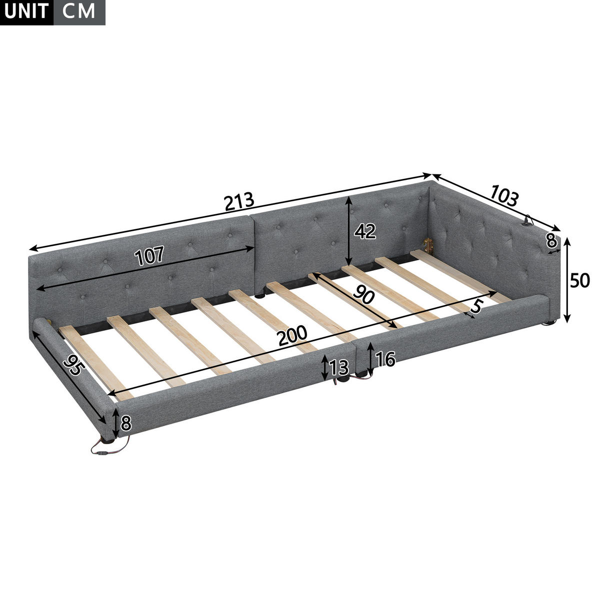 POLSTERBETT aus Leinen und MDF 90x200 cm Grau mit LED-Beleuchtung, USB- und Type-C-Anschluss, Lattenrost - Grau, Textil (90/200cm) - Modfu