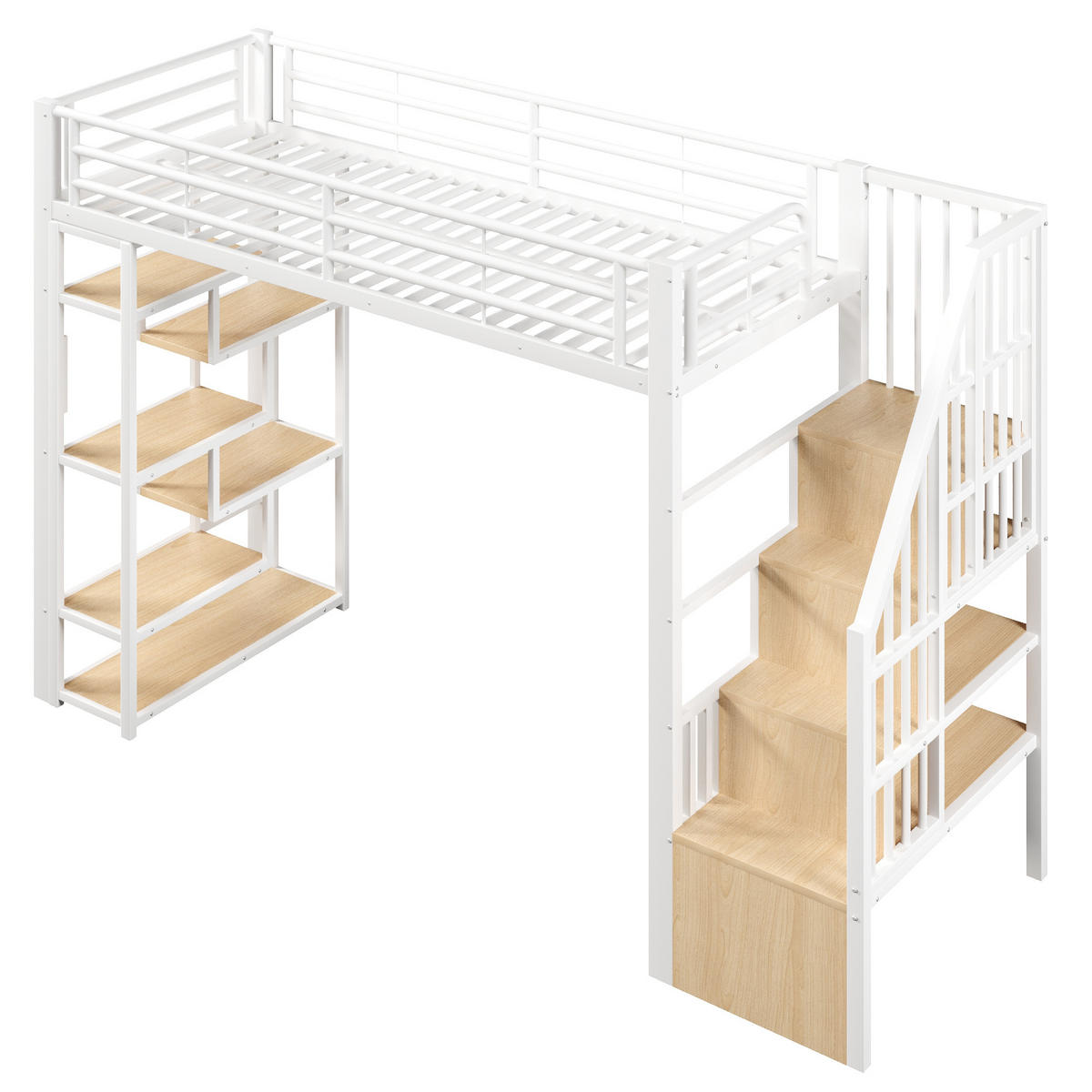 HOCHBETT 90x200cm, Eisen, Ablage, Stufen, Geländer, LED, Stauraum, ohne Matratze, Weiß - Weiß, Holzwerkstoff (90/200cm)