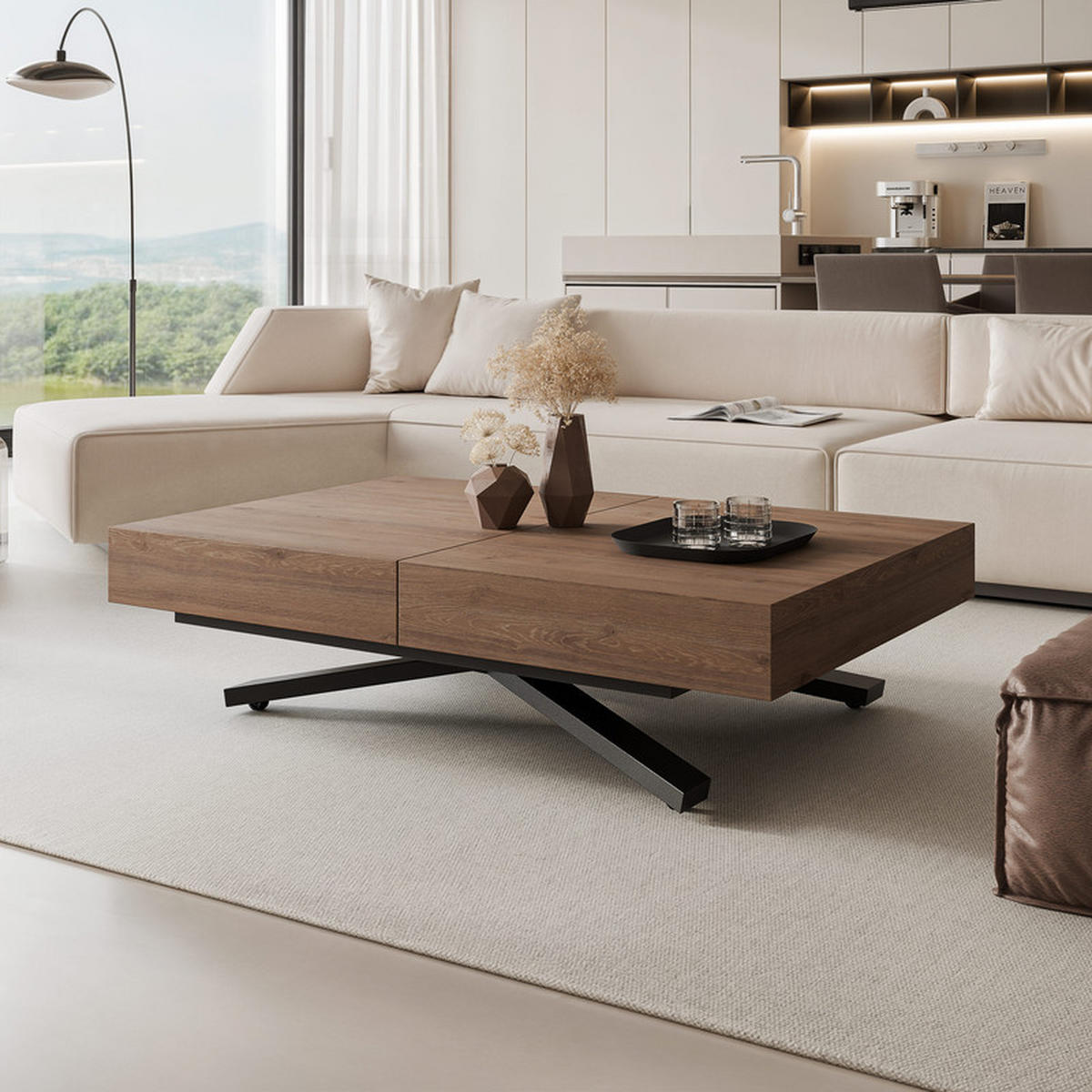 COUCHTISCH SANELLE X ausziehbar mit Liftfunktion, 120/80/76 cm Schwarz/Trüffel-Eiche - Trüffeleichefarben/Schwarz, Holzwerkstoff/Metall (120/80/27cm) - Idohome