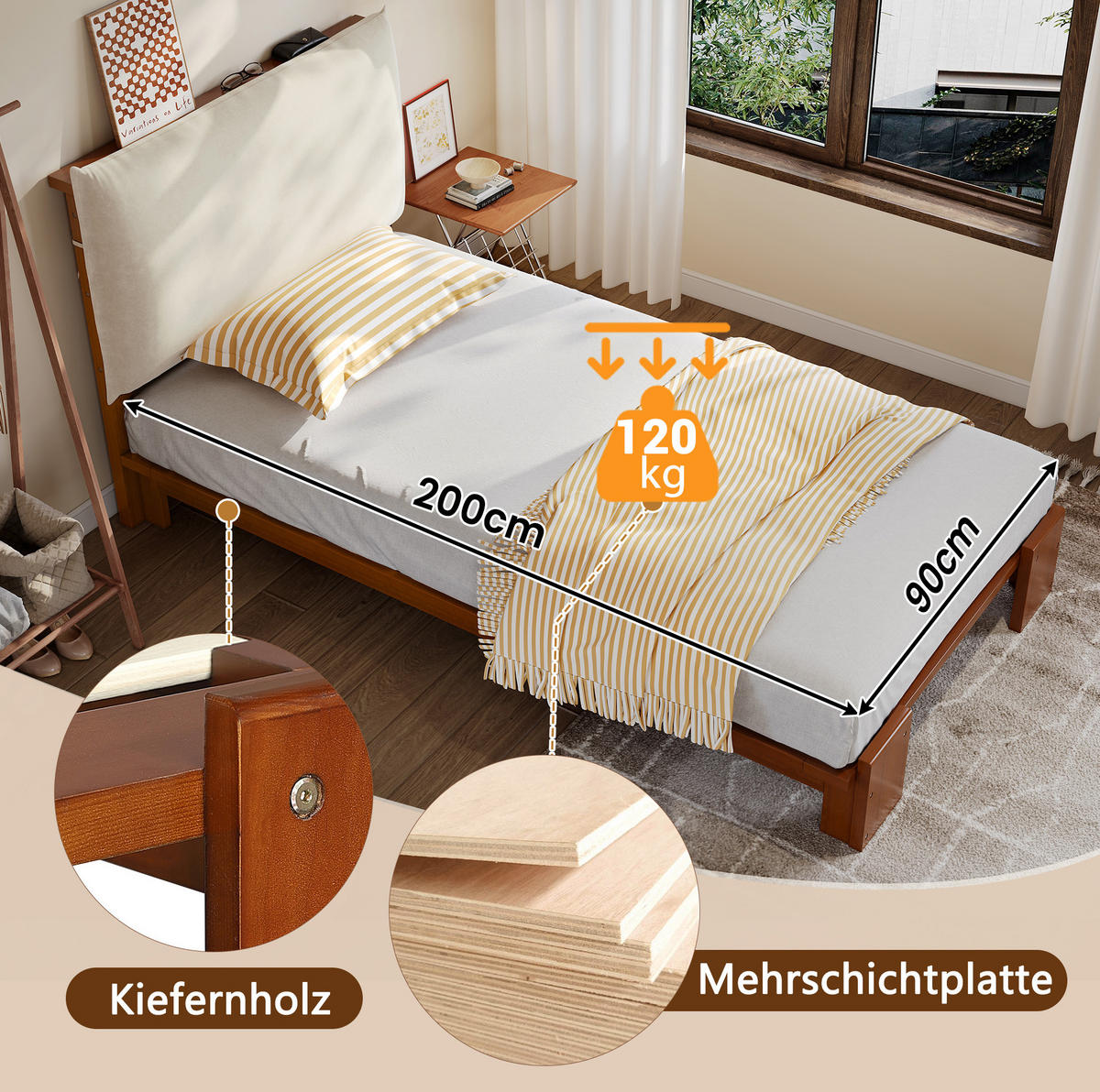 POLSTERBETT 90/200 cm mit gepolsterter Rückenlehne, stabilen Lattenrosten und Kiefernholzgestell, Dunkelbraun - Braun, Textil (90/200cm) - Redom