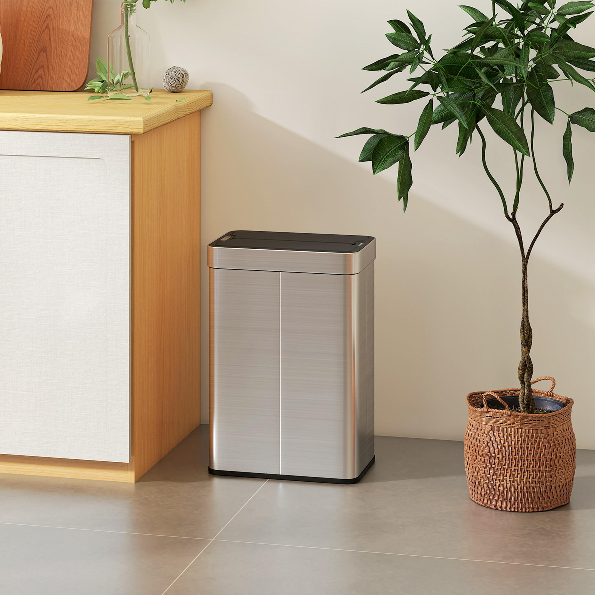 SENSOR Mülleimer 55L Abfalleimer mit Soft-Close-Schmetterlingsdeckel Edelstahl - Silberfarben, Metall (26.5/59/41cm) - HOMCOM